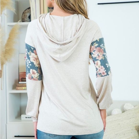 𝅺floral CONTRAST LONG SLEEVE HOODIE WITH SELF TIE-OATMEAL-BLACK/DARK CORAL! - Picture 6 of 6